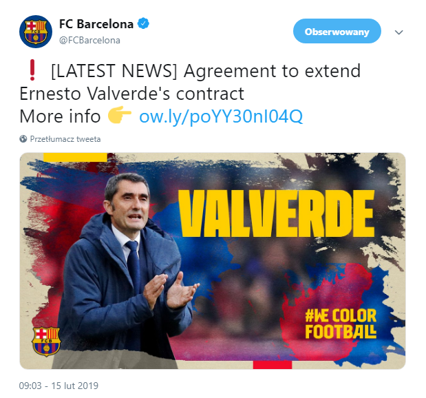 KOMUNIKAT Barcelony w sprawie przyszłości Valverde